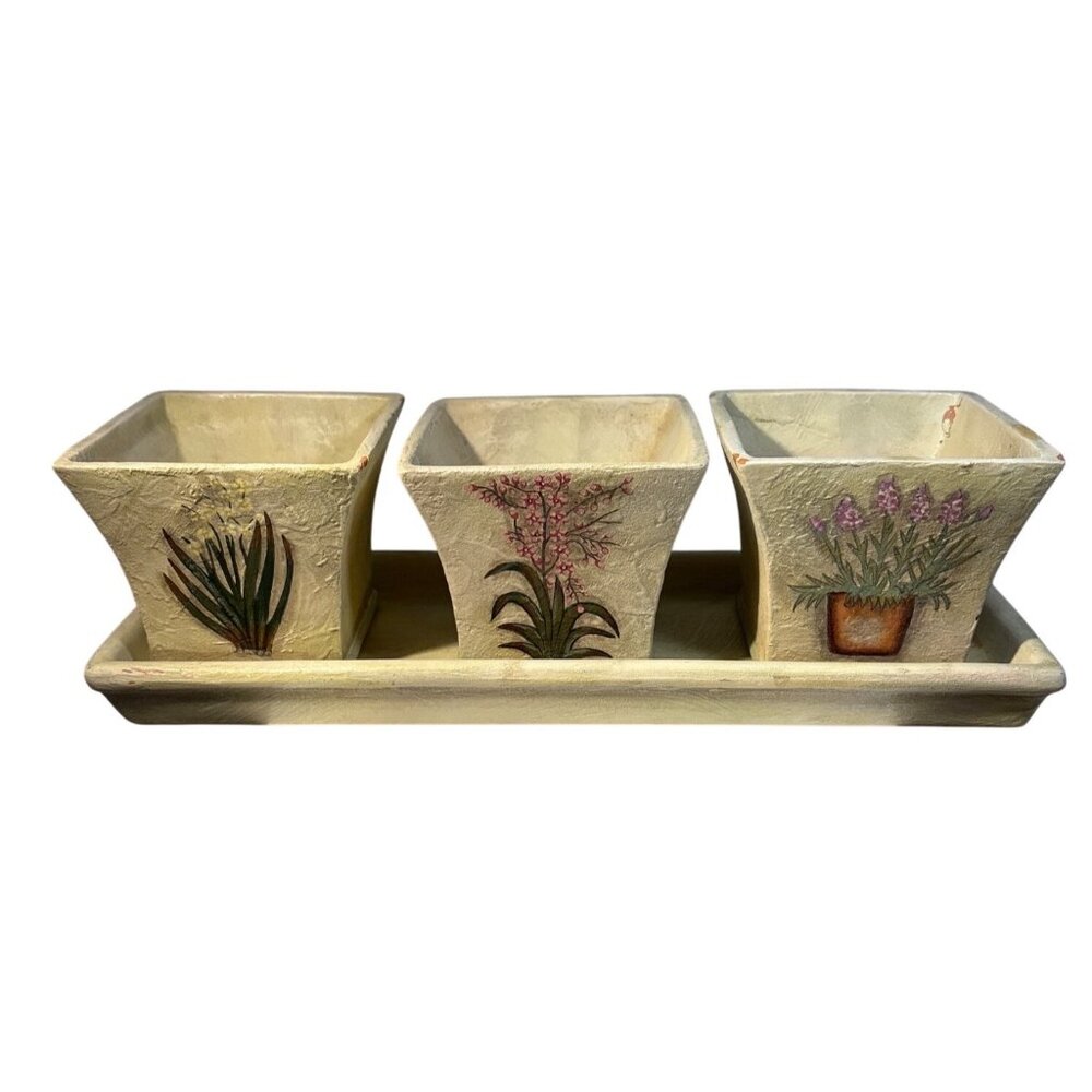 Ceramic Planter Set 4 Piece Set With Tray Featuring Floral Designs 13.5" Long